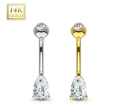 14 Karaats Gouden navelpiercing met druppel kristal